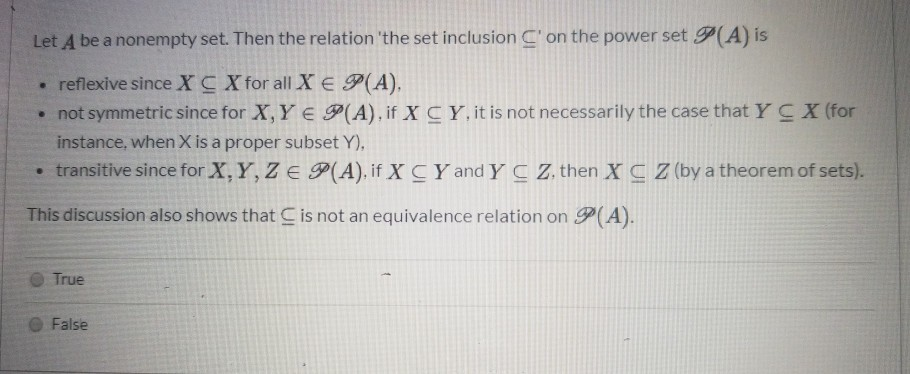 Solved Let A Be A Nonempty Set. Then The Relation The Set | Chegg.com