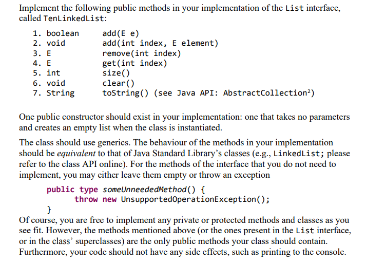 Solved implement 7 methods of the List interface, submit a | Chegg.com