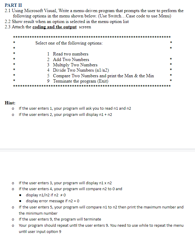 Solved PART II 2.1 Using Microsoft Visual, Write a | Chegg.com