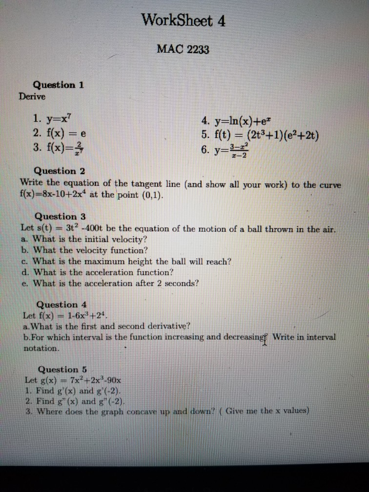 Solved Worksheet 4 Mac 2233 Question 1 Derive 1 Y X 2 Chegg Com