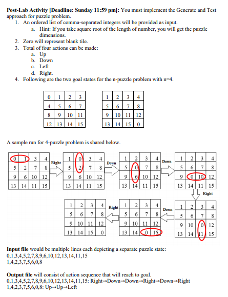 Implement N-puzzle problem using generate and test. | Chegg.com