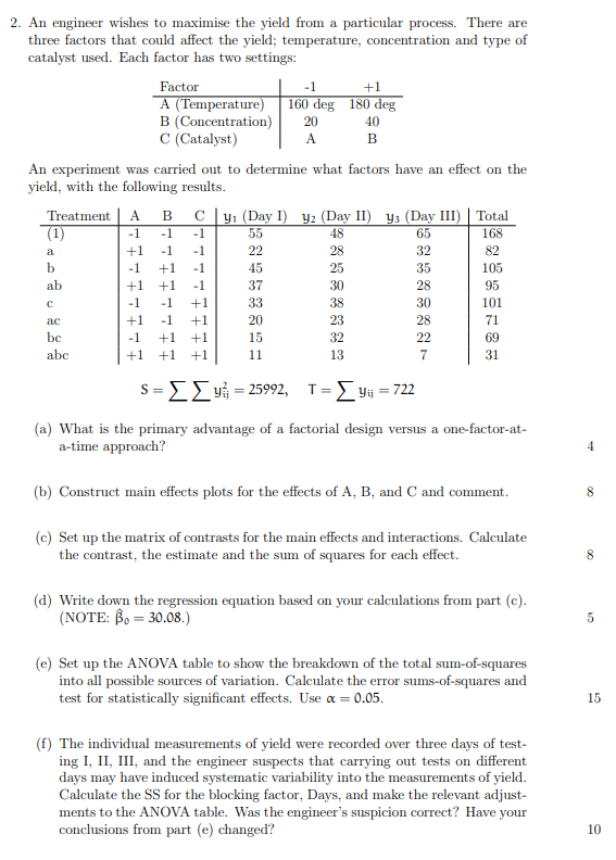 Solved 2. An engineer wishes to maximise the yield from a | Chegg.com