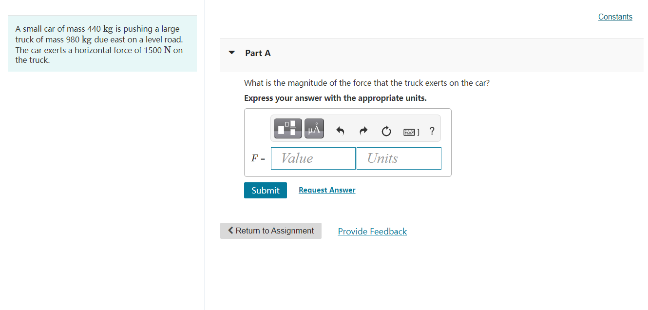 Solved Constants A small car of mass 440 kg is pushing a | Chegg.com