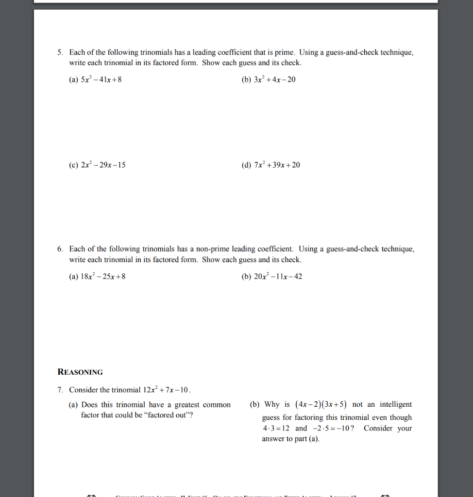 factoring trinomials common core algebra ii homework