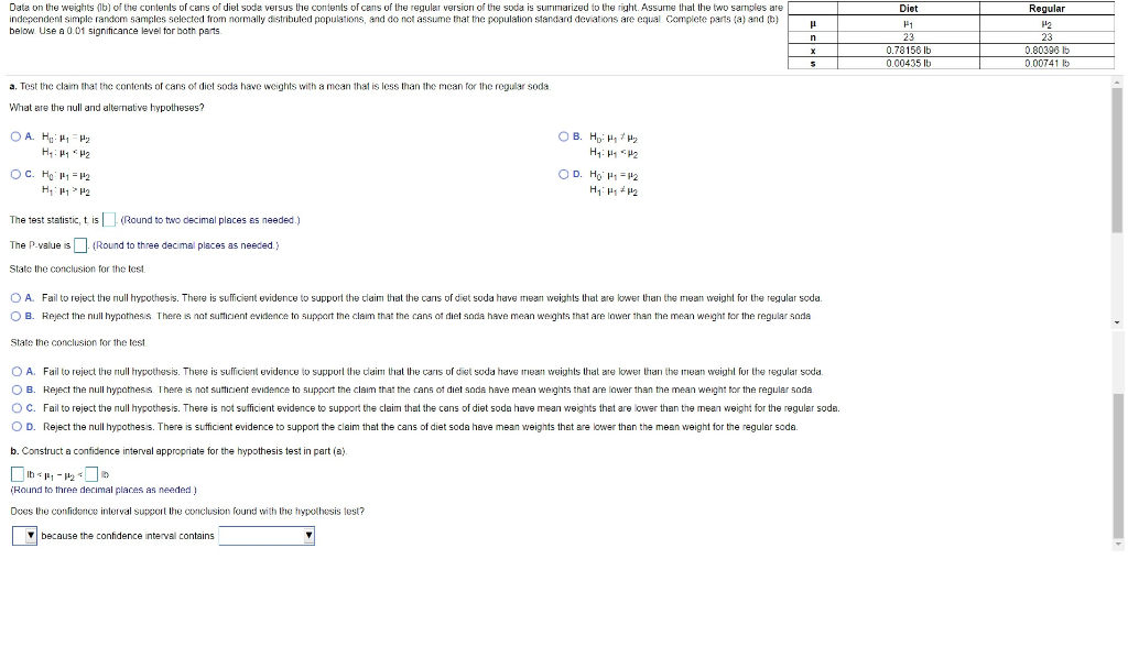 Solved Data on the weights (lb) of the contents of cans of | Chegg.com