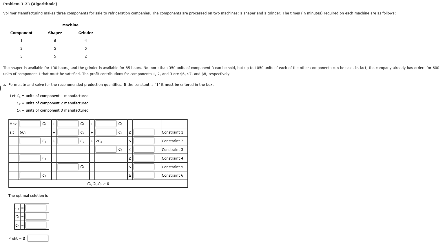 Solved Problem 323 (Algorithmic) Vollmer Manufacturing