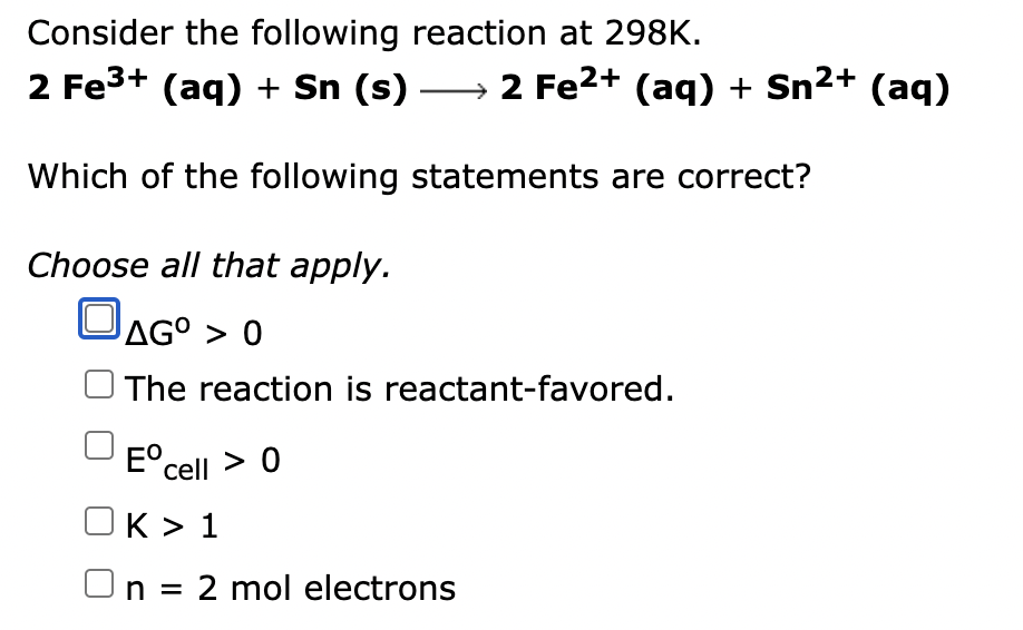 Solved Consider The Following Reaction Occurring At 298 K Or Cheggcom