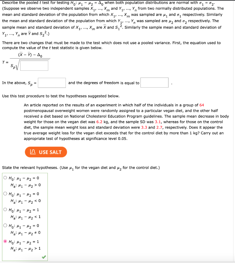 Solved Describe the pooled t test for testing H0:μ1−μ2=Δ0 | Chegg.com
