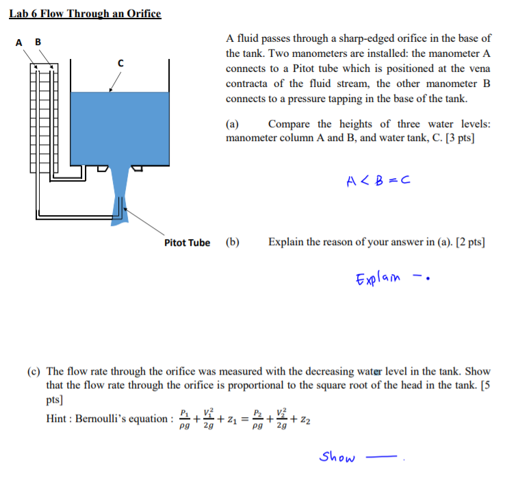 Solved Lab 6 Flow Through an Orifice AB A fluid passes
