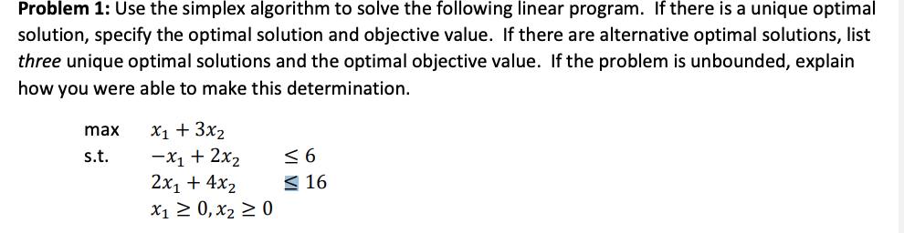 Solved Problem 1: Use the simplex algorithm to solve the | Chegg.com