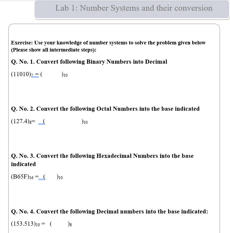 Solved Lab 1: Number Systems and their conversion Exercise: | Chegg.com