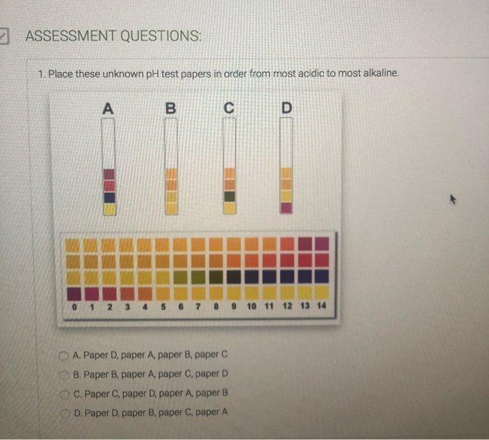 Solved ASSESSMENT QUESTIONS: 1. Place These Unknown PH Test | Chegg.com