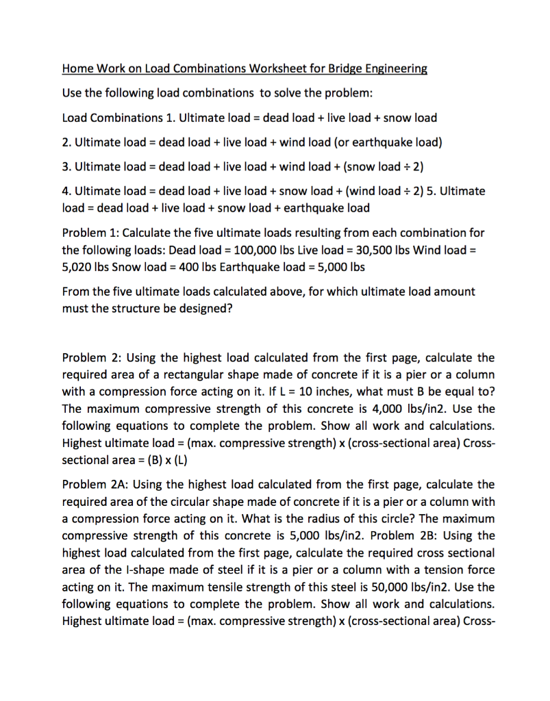 Solved Home Work on Load Combinations Worksheet for Bridge
