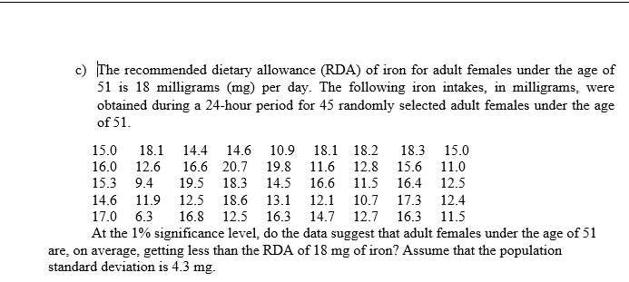 Solved c) The recommended dietary allowance (RDA) of iron | Chegg.com