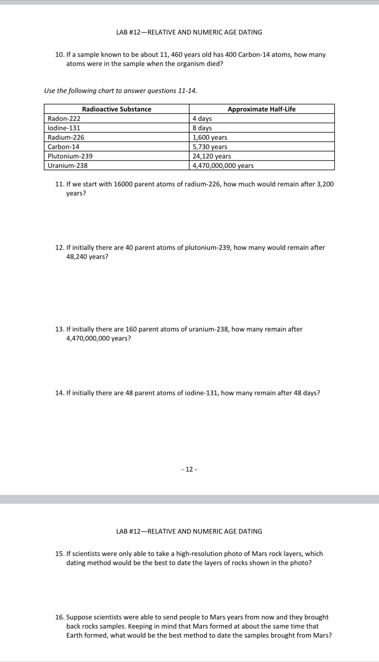 Solved LAB \#12-RELATIVE AND NUMERIC AGE DATING 10. If a | Chegg.com