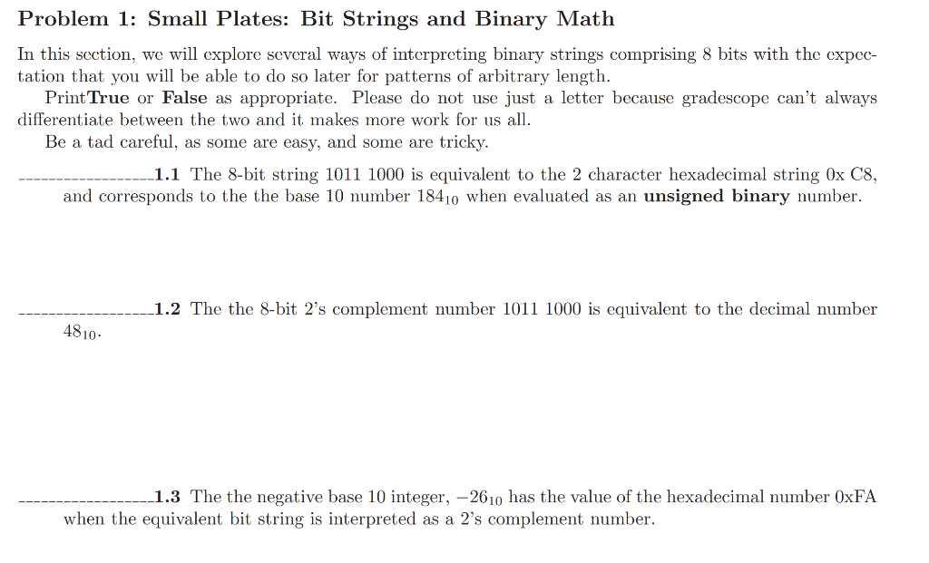Solved Problem 1: Small Plates: Bit Strings and Binary Math | Chegg.com