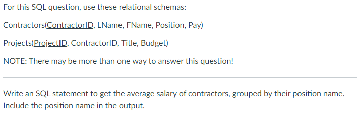 Solved Write an SQL statement to get the average salary of | Chegg.com