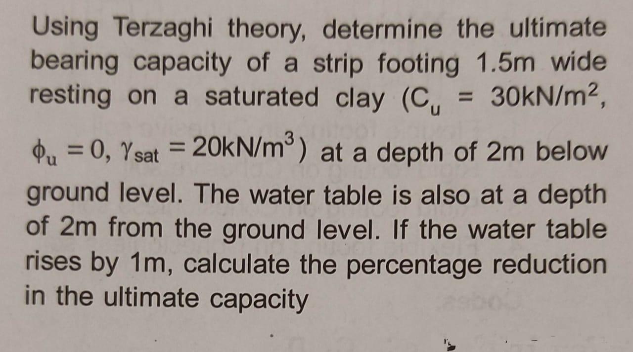 Using Terzaghi theory, determine the ultimate
bearing capacity of a strip footing 1.5m wide
resting on a saturated clay (C
30