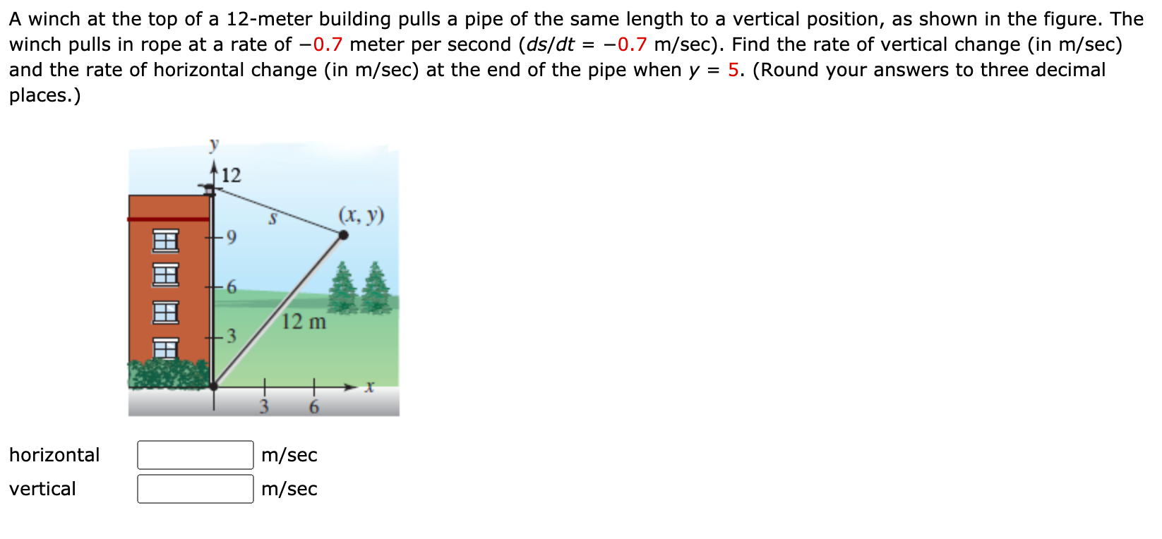 Solved A winch at the top of a 12-meter building pulls a | Chegg.com