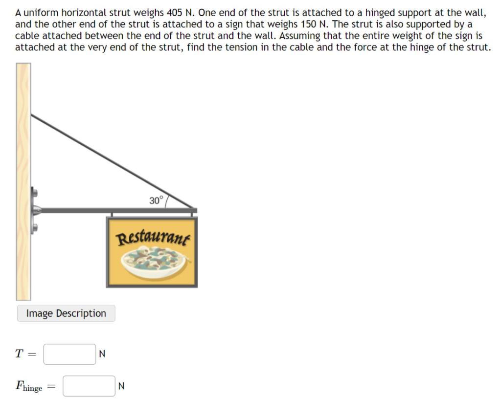 solved-a-uniform-horizontal-strut-weighs-405-n-one-end-of-chegg
