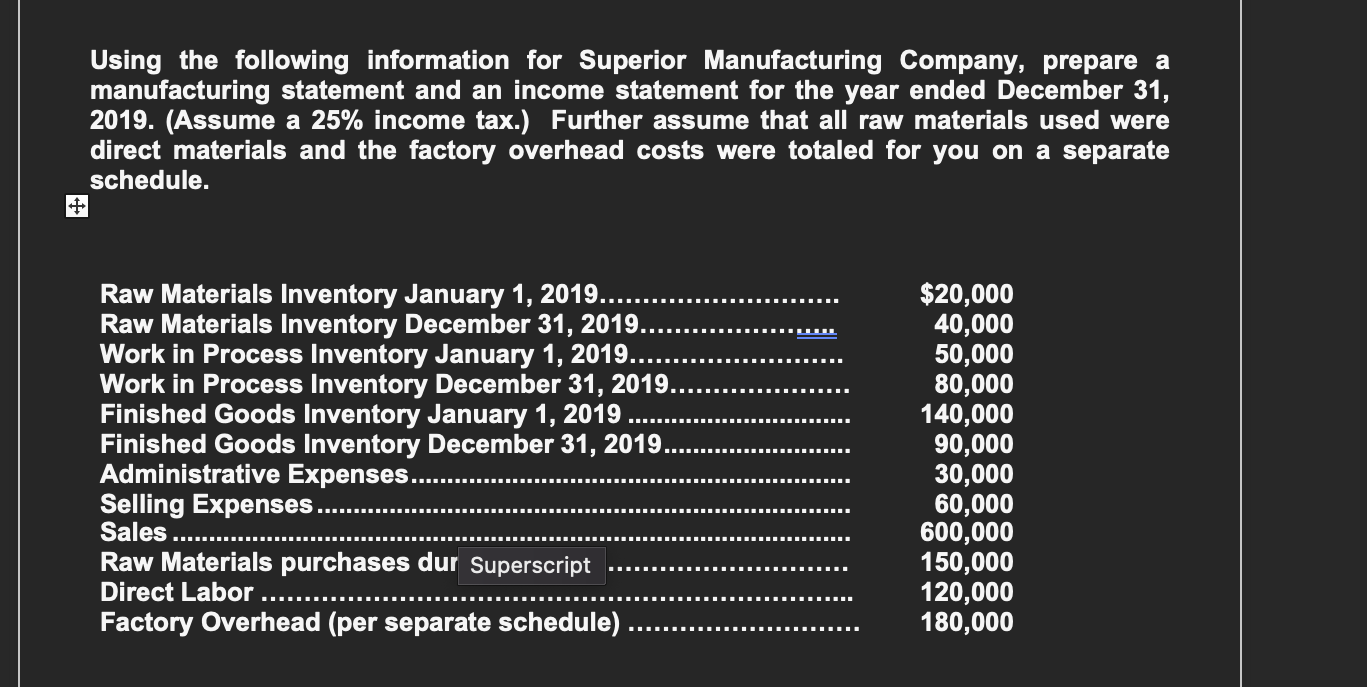 Solved Using the following information for Superior | Chegg.com