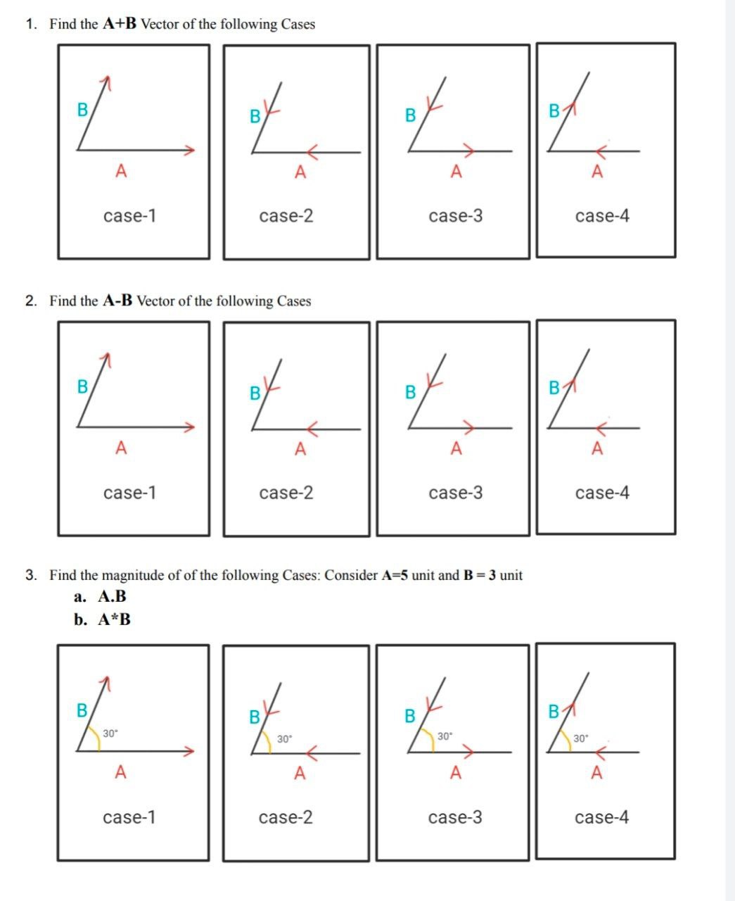 Solved 1. Find the A+B Vector of the following Cases 2. Find | Chegg.com