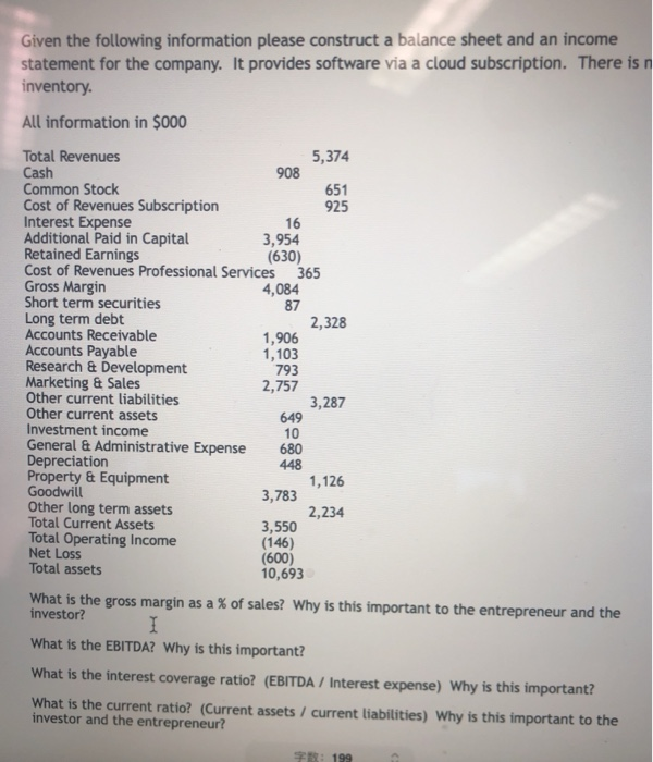 Solved Given the following information please construct a | Chegg.com