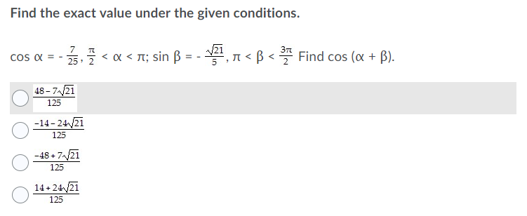 Solved Find The Exact Value Under The Given Conditions C Chegg Com