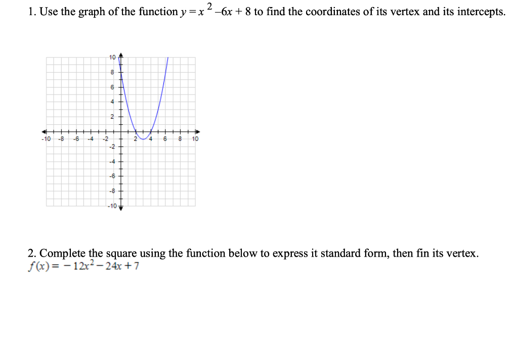 1. Use the graph of the function \( y=x^{2}-6 x+8 \) to find the coordinates of its vertex and its intercepts.
2. Complete th