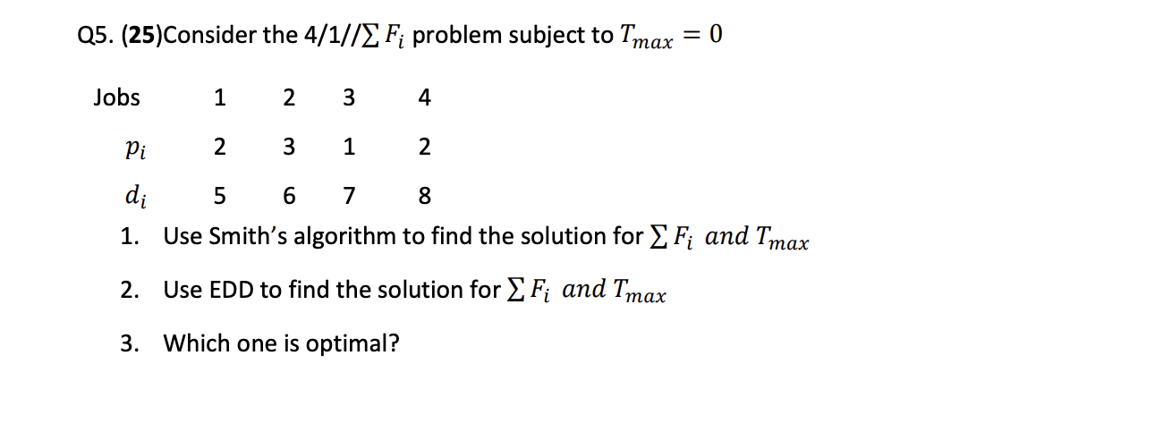 Solved Q5. (25)Consider the 4/1//∑Fi problem subject to | Chegg.com