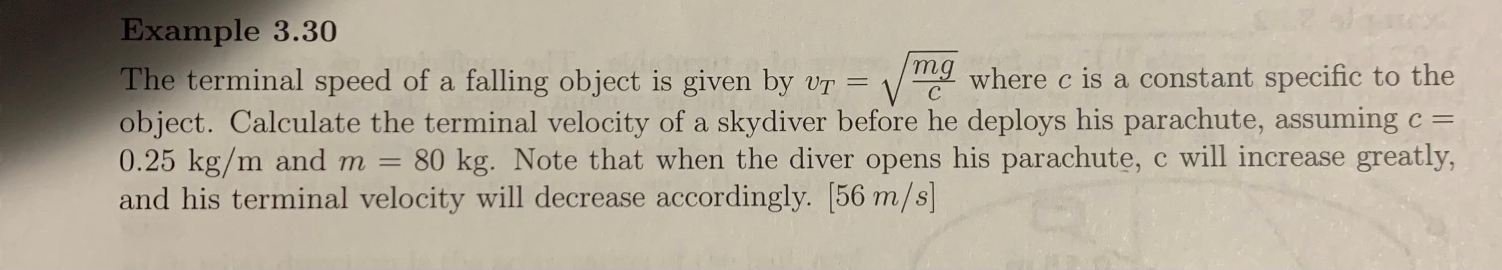 Solved = с Example 3.30 The terminal speed of a falling | Chegg.com
