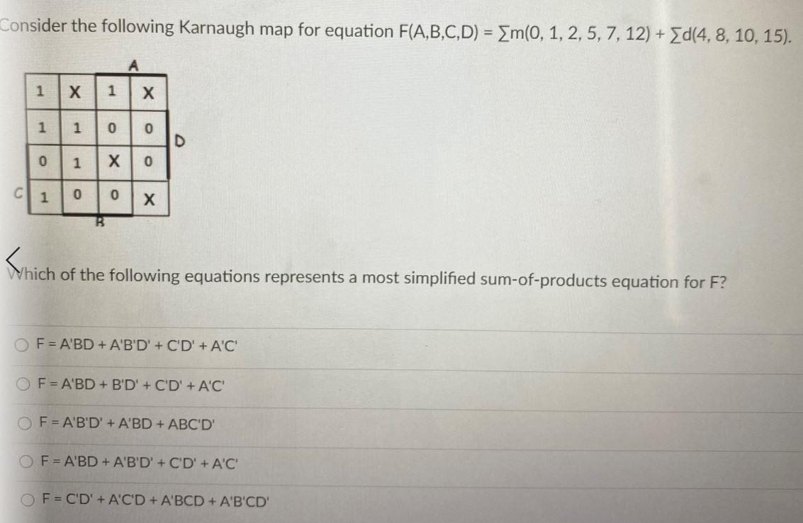 Solved Consider the following Karnaugh map for equation | Chegg.com