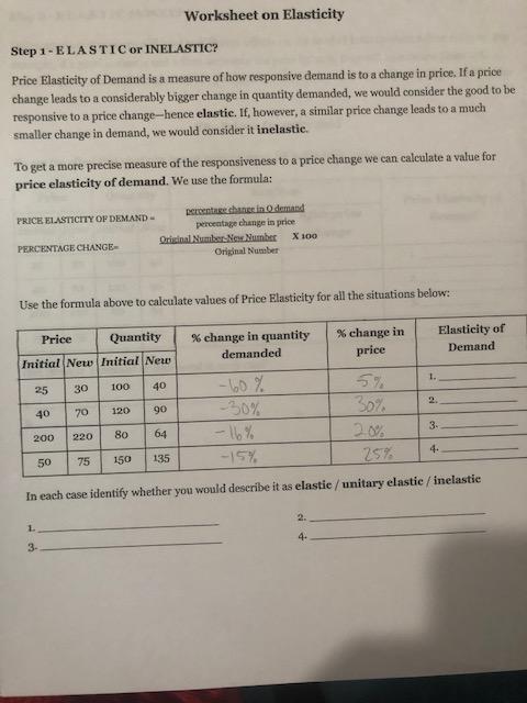 Solved Worksheet on Elasticity Step 1-ELASTIC or INELASTIC? | Chegg.com