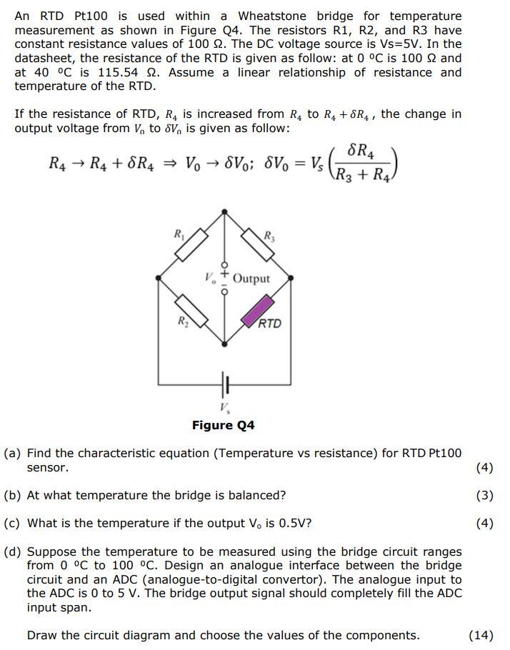 Solved An RTD Pt100 is used within a Wheatstone bridge for | Chegg.com