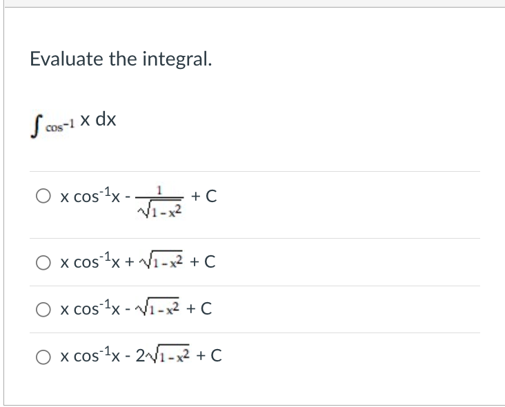 integration 0 to 1 cos inverse x 2 dx