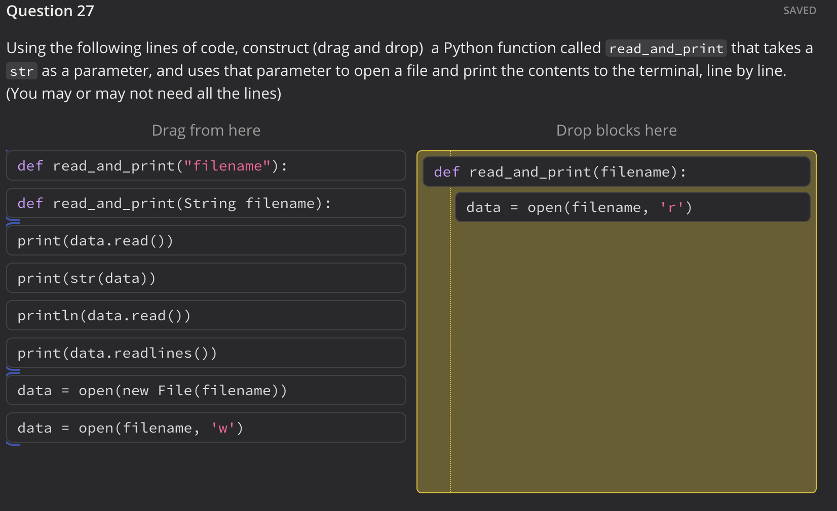 Solved Using the following lines of code, construct (drag | Chegg.com