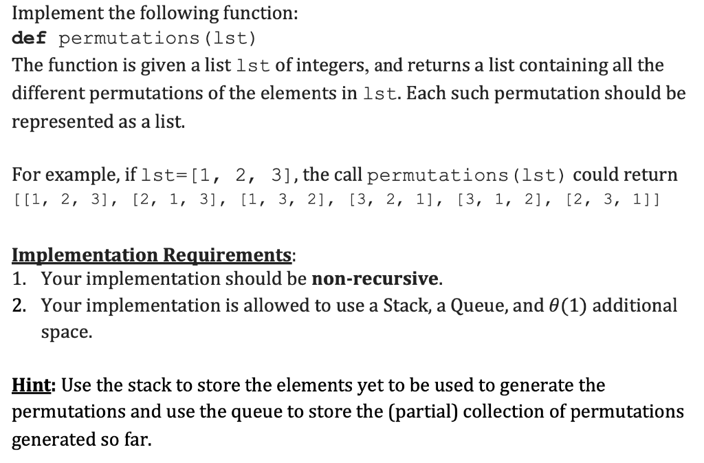 Solved I Need To Generate Permutations Of A List Using A | Chegg.com