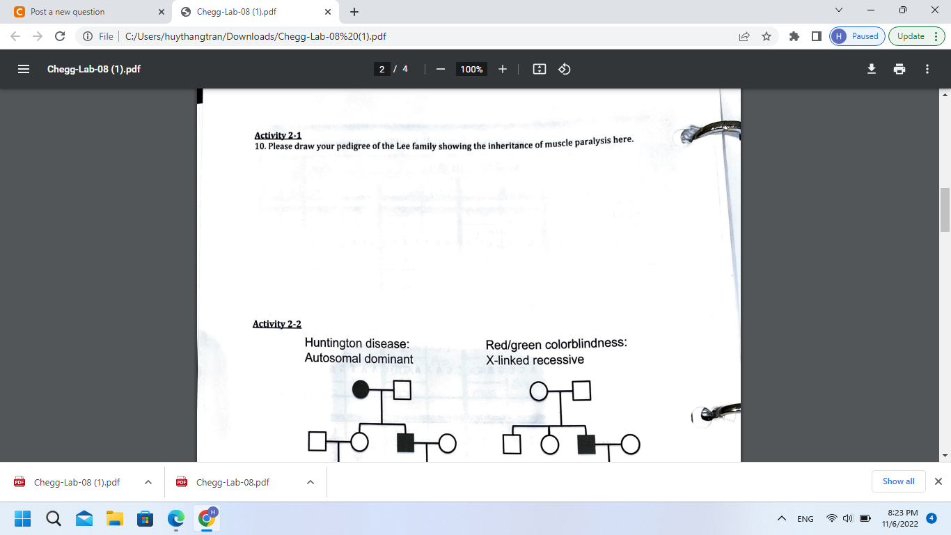 Activity \( 2-1 \)
10. Please draw your pedigree of the Lee family showing the inheritance of muscle paralysis here.
Activity