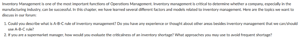 Solved Inventory Management Is One Of The Most Important Chegg