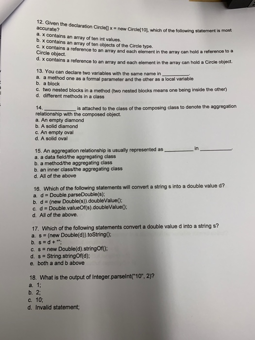 Solved 12. Given the declaration Circlel])x - new Circde | Chegg.com