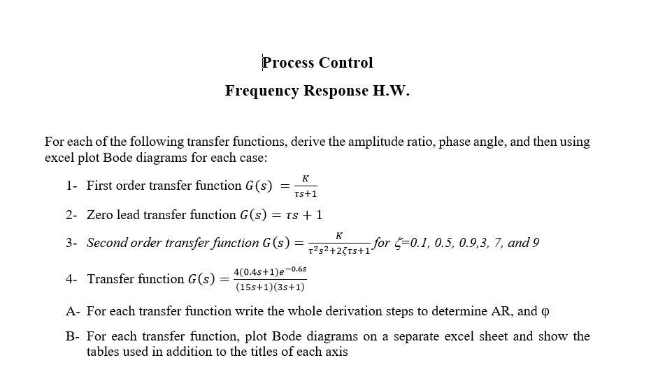 Process Control Response Formula Solved Process Control Frequency Response H.W. For each of | Chegg.com