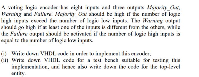 A voting logic encoder has eight inputs and three outputs Majority_Out, Warning and Failure. Majority_Out should be high if t