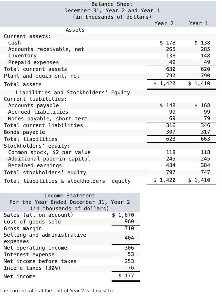 Solved The current ratio at the end of Year 2 is closest to: | Chegg.com