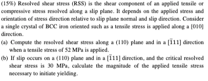 Solved (15%) Resolved shear stress (RSS) is the shear | Chegg.com