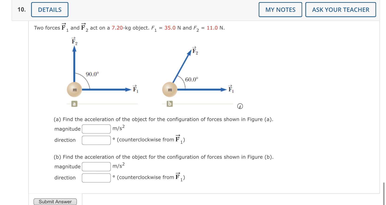 Solved Two Forces F1 And F2 Act On A 7 20−kg Object F1 35 0