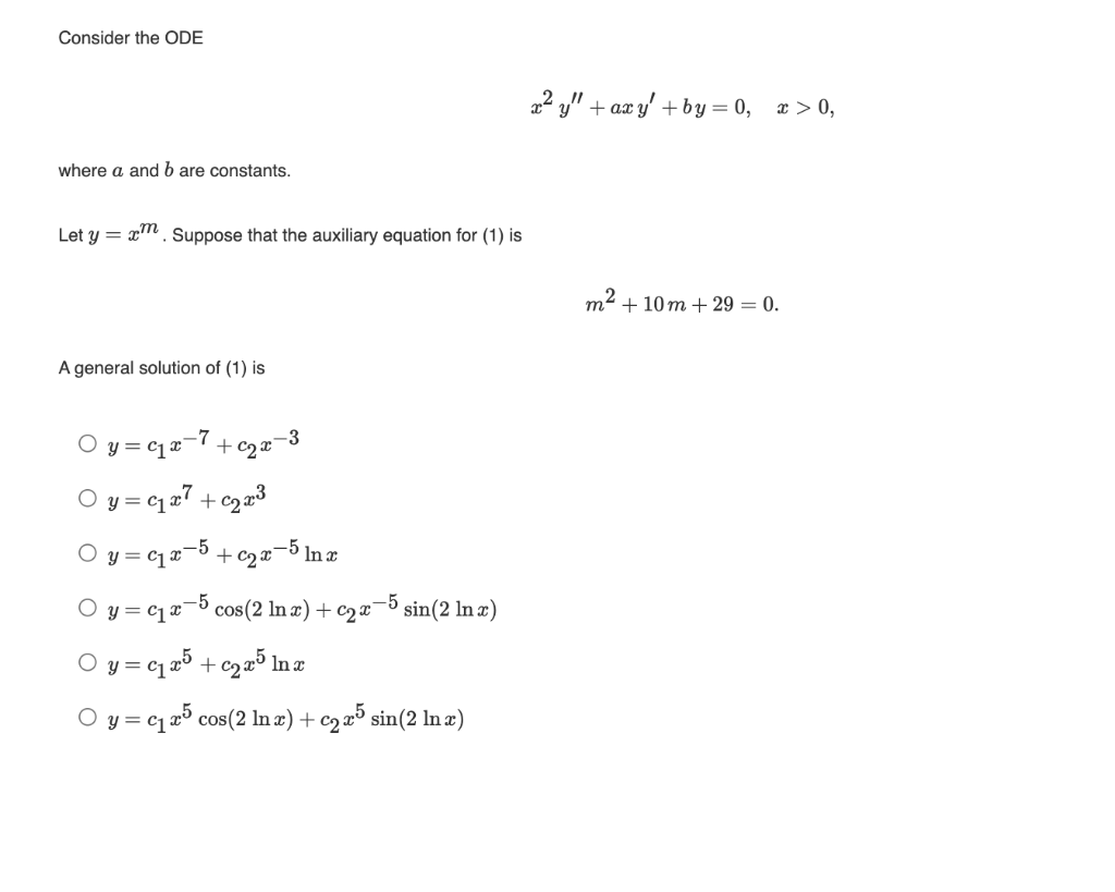 Solved Consider the ODE x2y′′+axy′+by=0,x>0 where a and b | Chegg.com