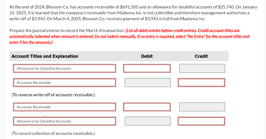 Solved At the end of 2024 , Blossom Co. has accounts | Chegg.com