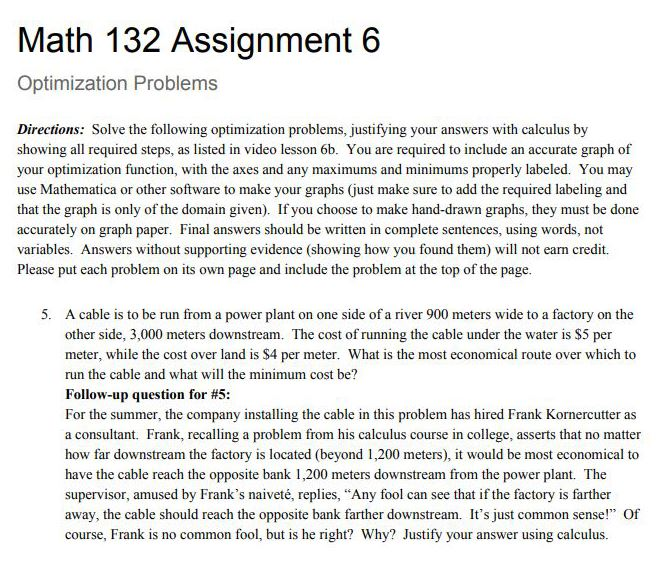 Solved Math 132 Assignment 6 Optimization Problems | Chegg.com