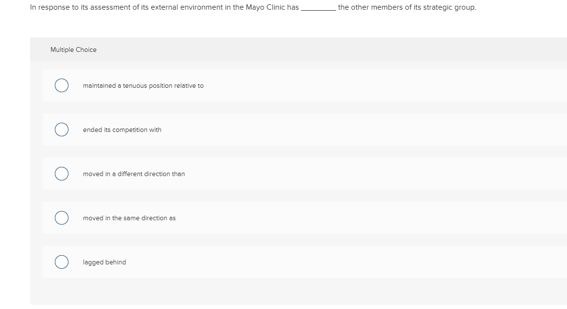 In response to its assessment of its external environment in the Mayo Clinic has the other members of its strategic group. Mu