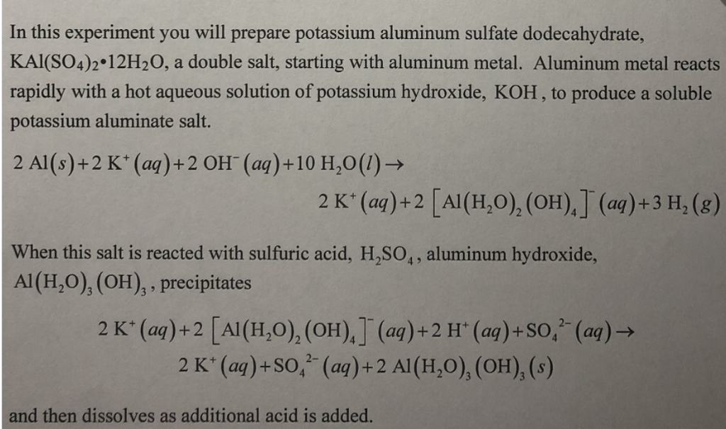 Solved Preparation of Alum PURPOSE OF EXPERIMENT Prepare